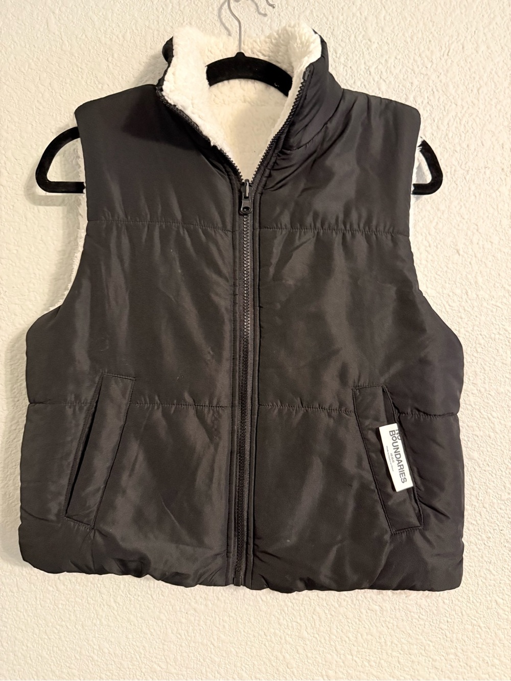 No Boundaries Black Puffer Vest with White Sherpa Lining